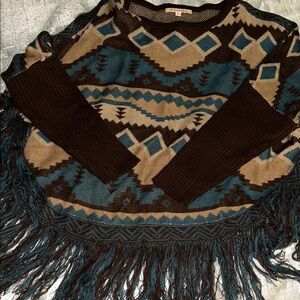 Magnolia Teal and Brown Geometric Fringed Poncho